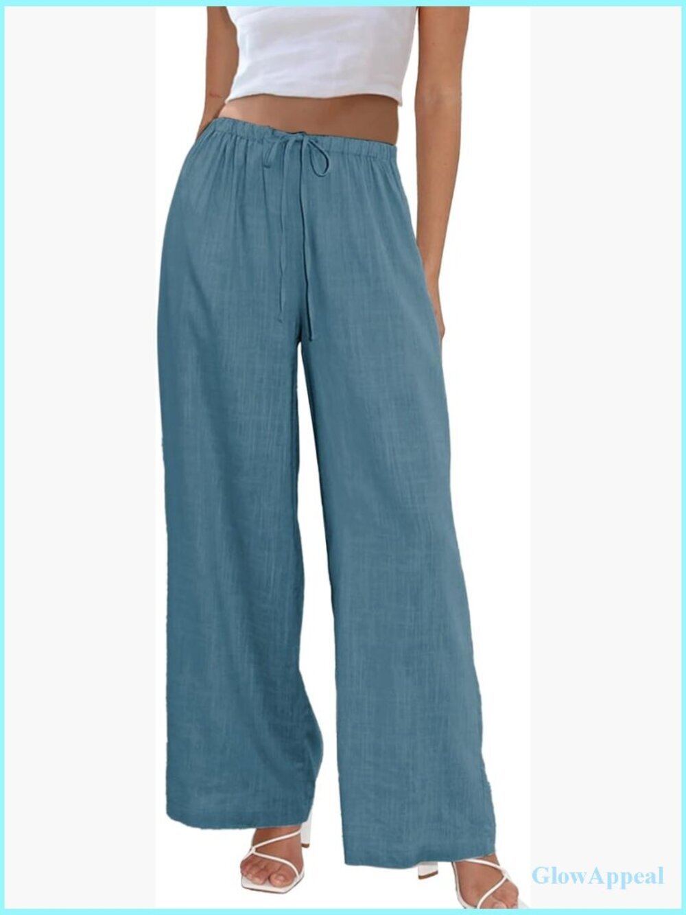 Women's Cotton Linen Palazzo Pants Drawstring Elastic Waist Wide Leg Trousers
